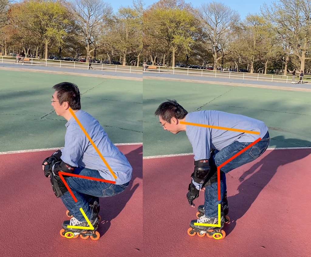 Believe it or not, you can glide while on the Asian squat, as shown below left. As for our ankle-cast skater, his upper body is now almost parallel to the ground, and he still can't bend his knees anymore than a beginner in the squatting posture can. Now the ankle-cast skater can only see up to three feet ahead of him.