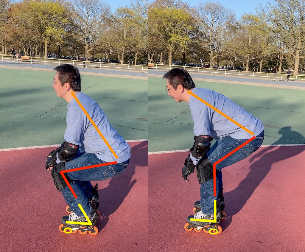Now the squatting skater on the left has achieved the throne position, while still looking straight forward. To lower the head to the same level, the ankle-cast skater on the right must lean his upper body so much that he can't see anything beyond six feet in front of him.